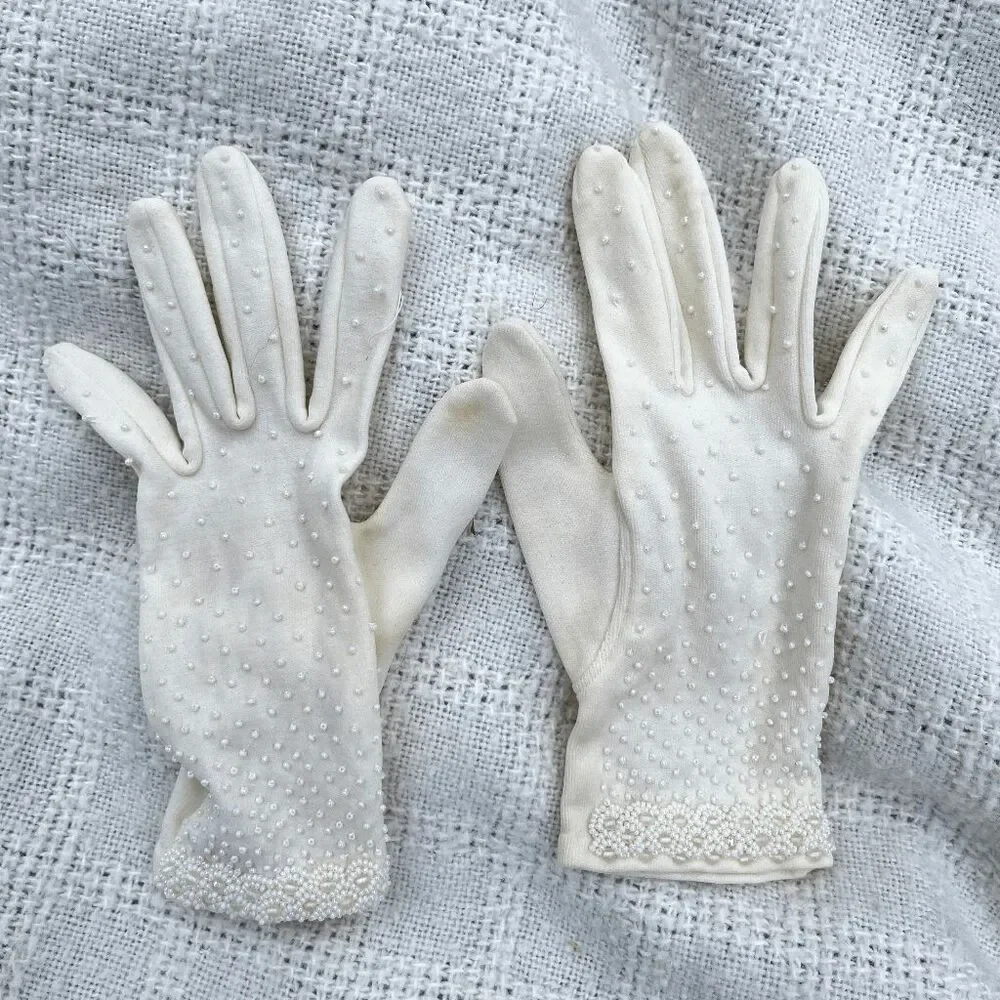 VTG Beaded Pearl Embellished Stretch Dress Gloves Wedding Bridal Opera Gloves
